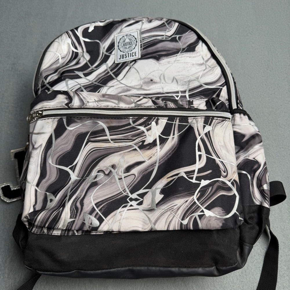Justice Girls Black White Marble Swirl Backpack Silver Metallic Accents School